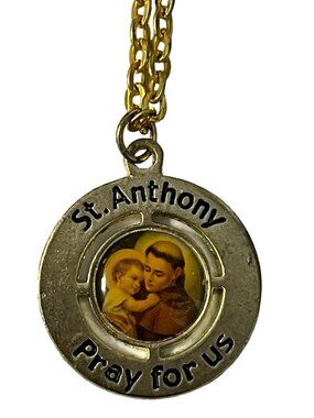 Vintage St Anthony Medal Necklace Pray for Us Gold Tone Chain Catholic Religious